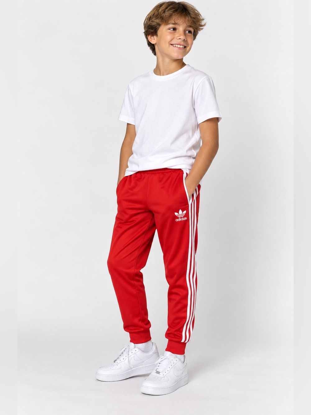 Adidas Originals Boys 11-12 Red 3 Stripe Trefoil Track Pants Joggers